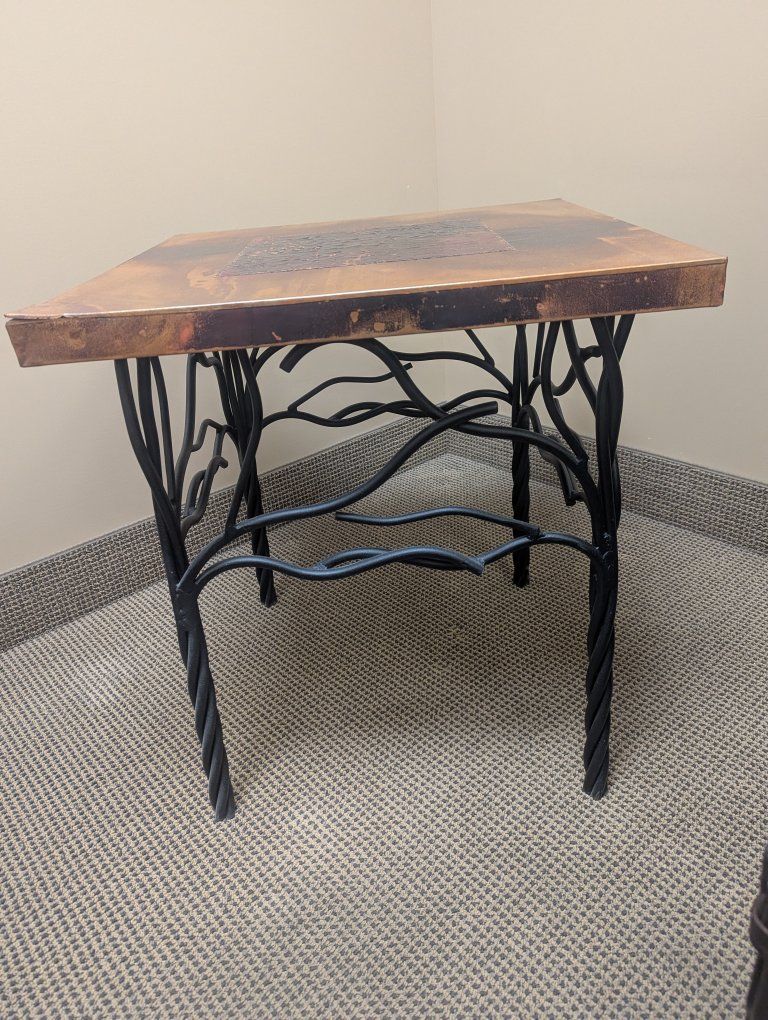Rustic Metal & Copper Side Table with Tree Branch Design, Square End Table