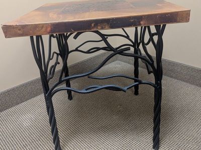 Rustic Metal & Copper Side Table with Tree Branch Design, Square End Table