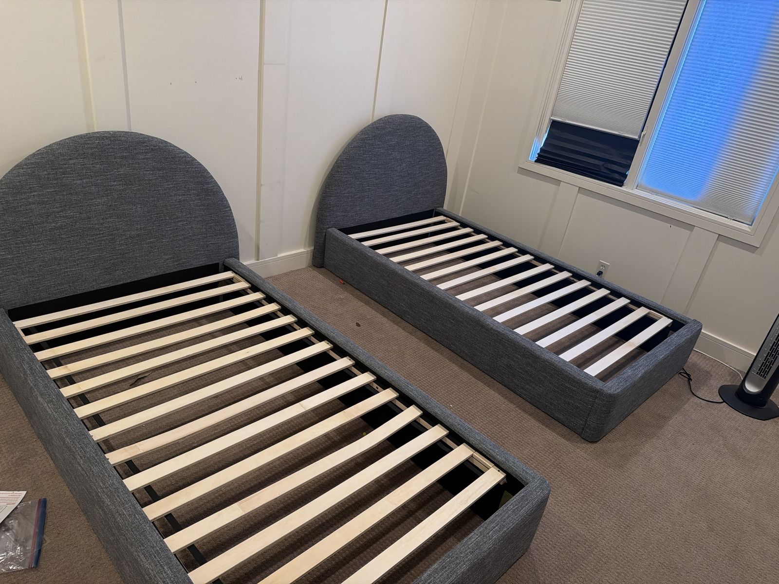 Twin Upholstered Platform Bed Frame with Headboard, Grey, Barely Used (2 Available)