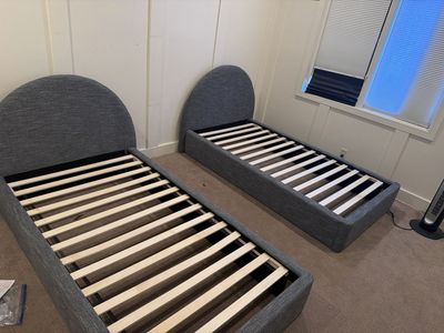 Twin Upholstered Platform Bed Frame with Headboard, Grey, Barely Used (2 Available)