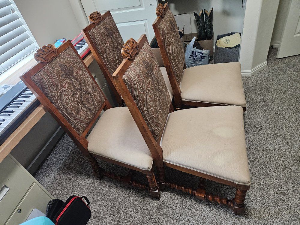 Set of 4 Vintage Ralph Lauren/Polo Dining Chairs with Paisley Upholstery and Carved Details
