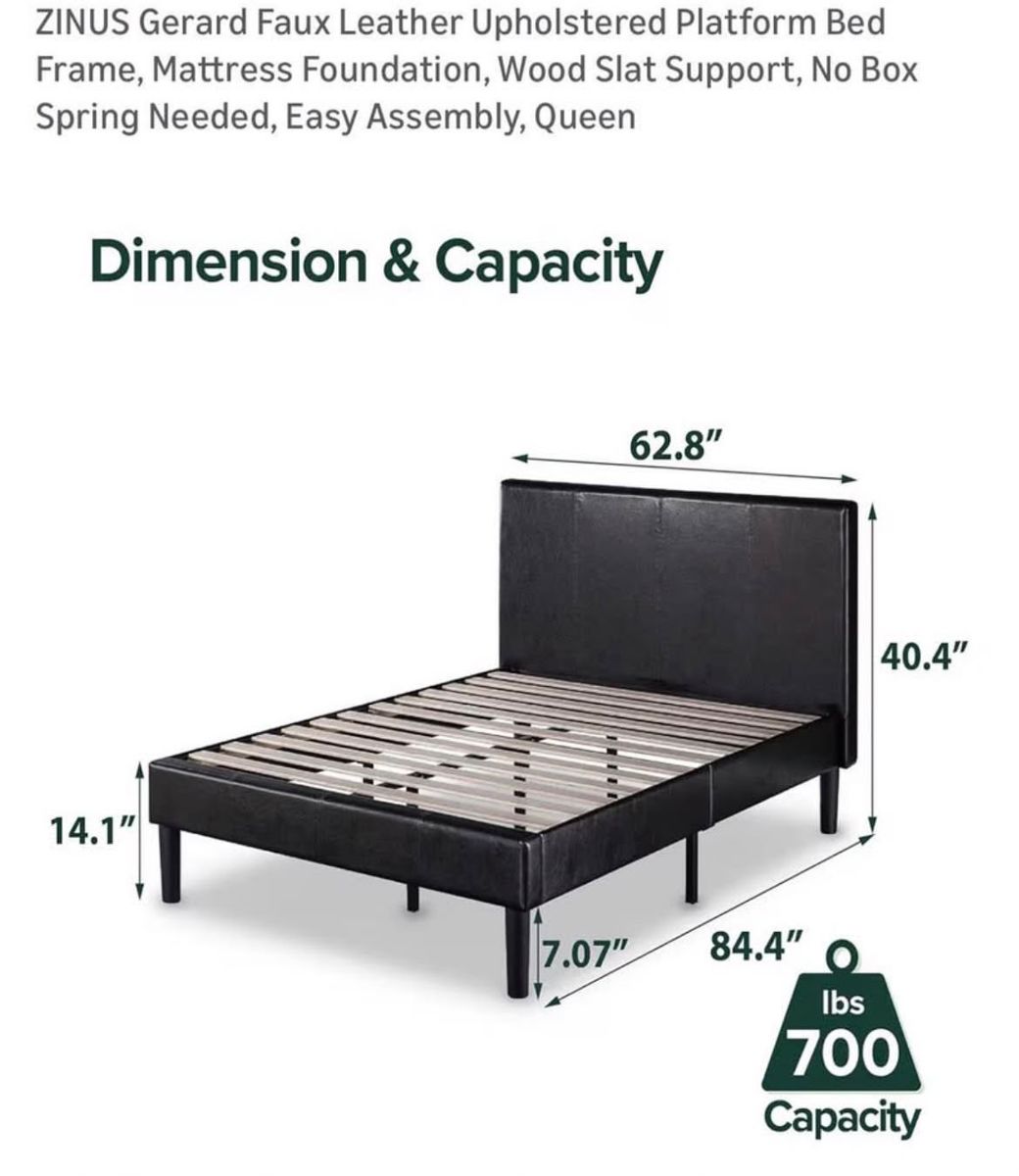 Queen Size Upholstered Platform Bed Frame with Headboard - Dark Brown / Black