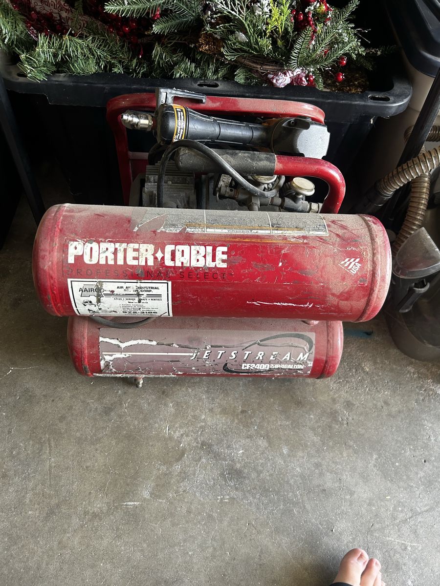 Porter cable air compressor, hose and 18 GA nail gun