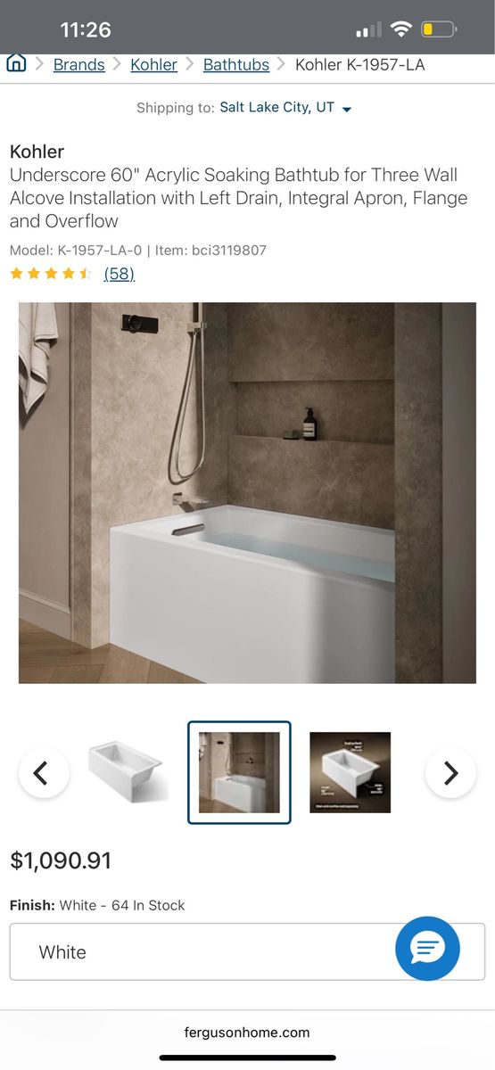 Kohler Underscore 60”x32” Left Drain. Brand New.