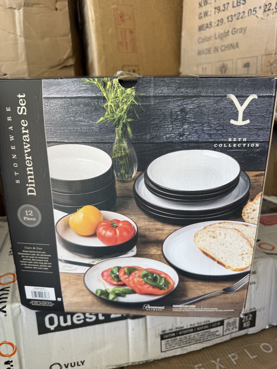 Beth Collection Stoneware Dinnerware Set - 12 Piece - Light Gray. Yellowstone edition.