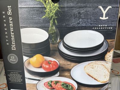 Beth Collection Stoneware Dinnerware Set - 12 Piece - Light Gray. Yellowstone edition.