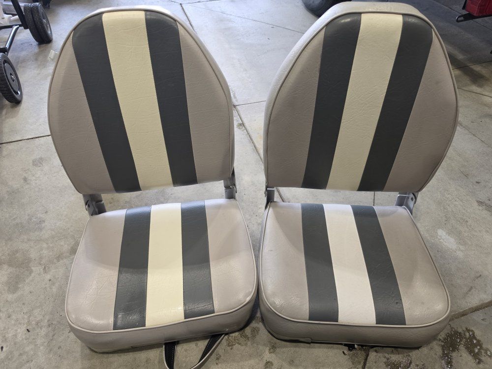 Pair of Folding Marine Boat Seats - Gray and Off-White Striped Vinyl