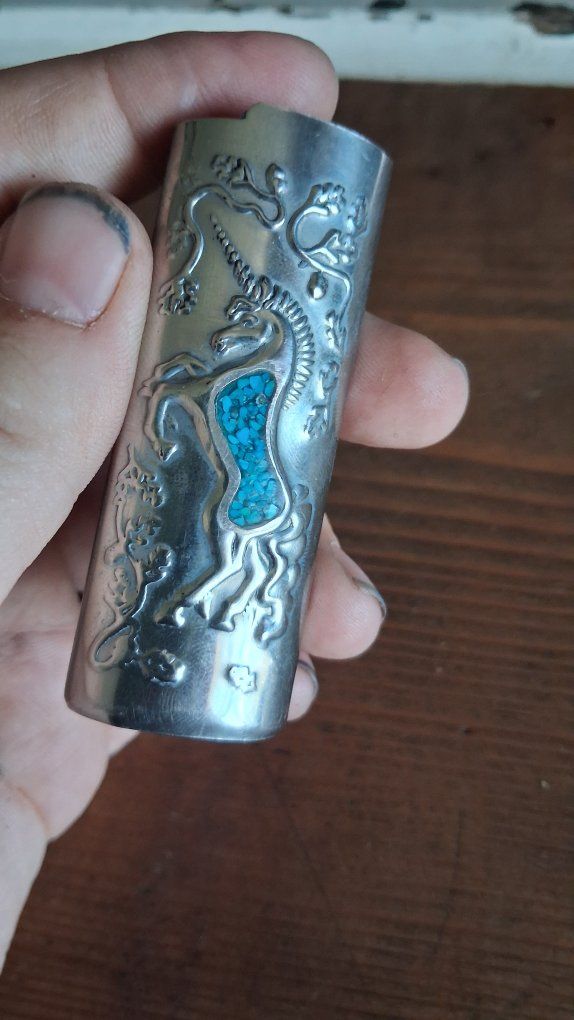 Vintage "Genuine Turquoise Taiwan Case" Lighter Cover with Unicorn Design