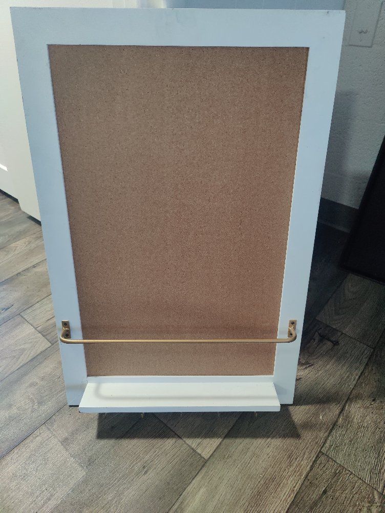 White Framed Cork Board with Brass Rod & Shelf