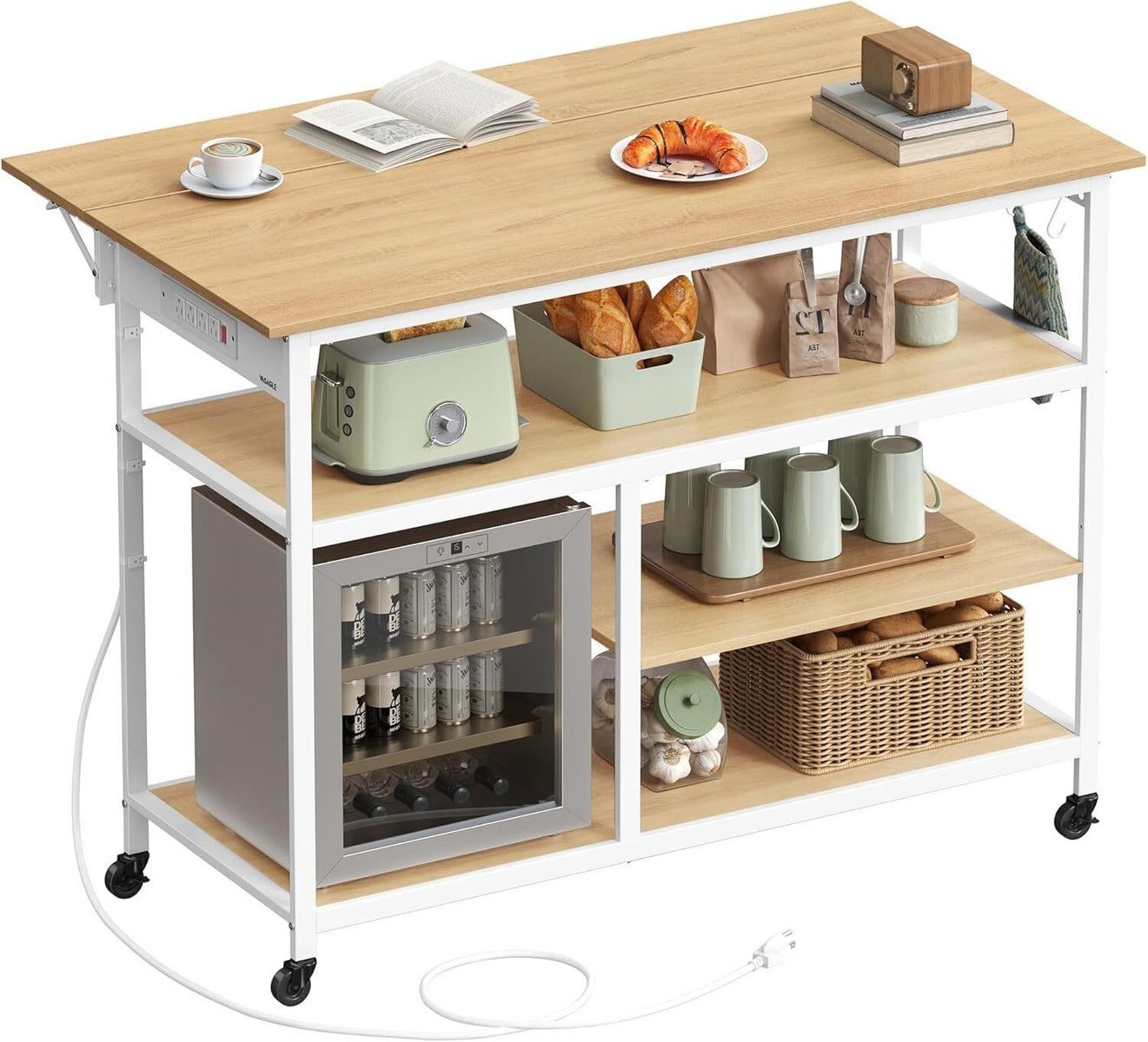 VASAGLE Kitchen Island with Drop Leaf, Rolling Kitchen Cart with Power Strip, Extendable Worktop, Adjustable Shelf