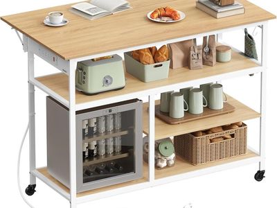 VASAGLE Kitchen Island with Drop Leaf, Rolling Kitchen Cart with Power Strip, Extendable Worktop, Adjustable Shelf