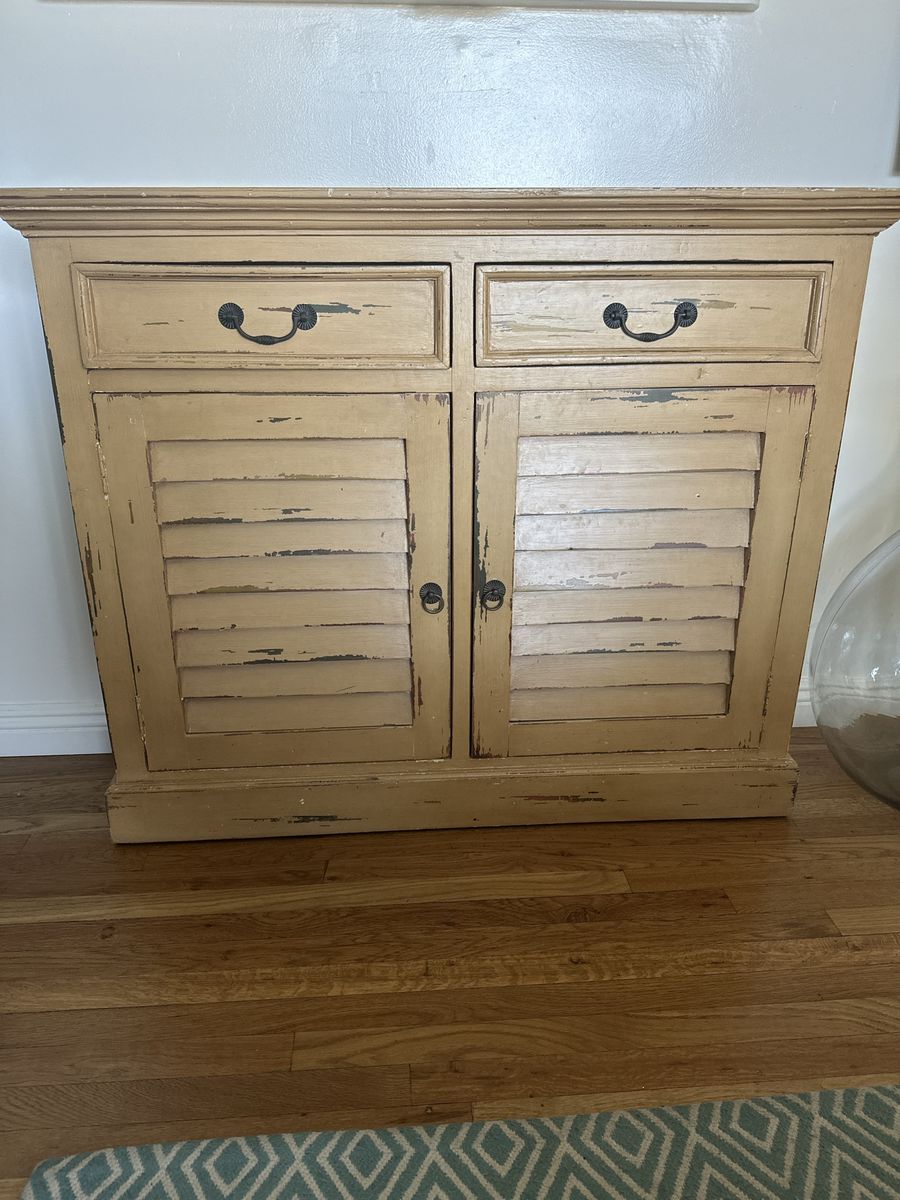 Distressed Beige Shutter Door Cabinet with Drawers - Rustic Entryway/Storage
