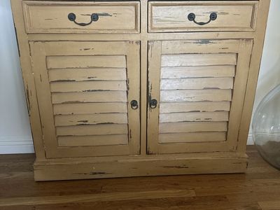 Distressed Beige Shutter Door Cabinet with Drawers - Rustic Entryway/Storage