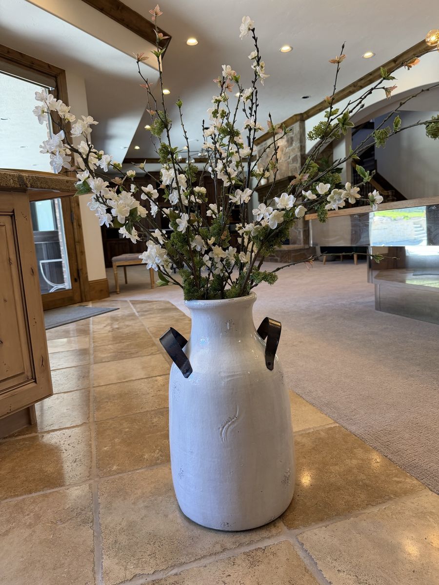 Pottery Barn -Rustic Farmhouse White Ceramic Milk Jug Vase with Metal Handles - 12 inch Tall