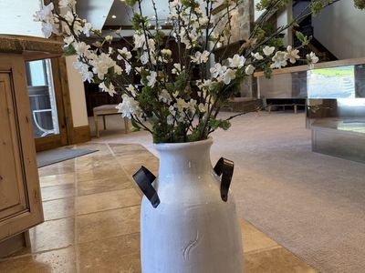 Pottery Barn -Rustic Farmhouse White Ceramic Milk Jug Vase with Metal Handles - 12 inch Tall