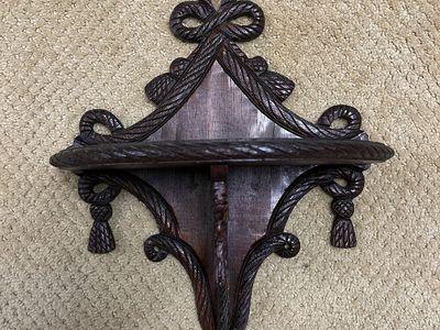 Antique Carved Walnut Wood Folding Wall Shelf, with Tassels