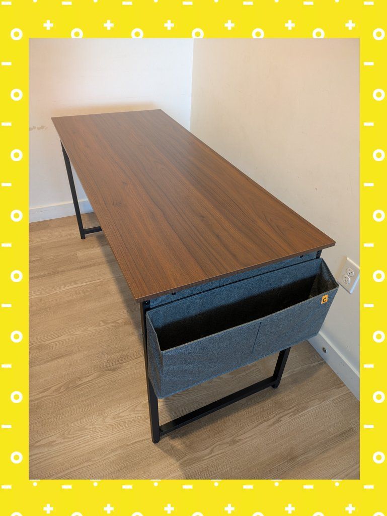 Modern Brown Wood Grain Computer Desk with Side Storage Pocket & Black Metal Frame