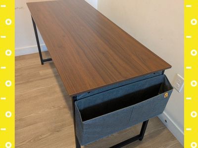 Modern Brown Wood Grain Computer Desk with Side Storage Pocket & Black Metal Frame