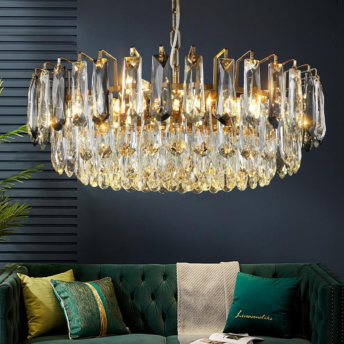 23.6" Modern Crystal Chandelier with Grey Crystal Gold 3-Tier Luxury Pendant Light