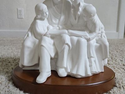 White Porcelain Family Reading Figurine Sculpture on Wooden Base