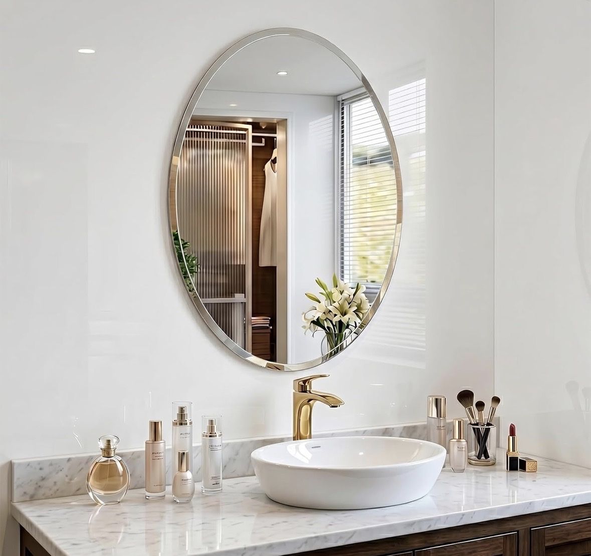 Frameless Oval Beveled Wall Mirror 20x28 Inch Vanity Mirror