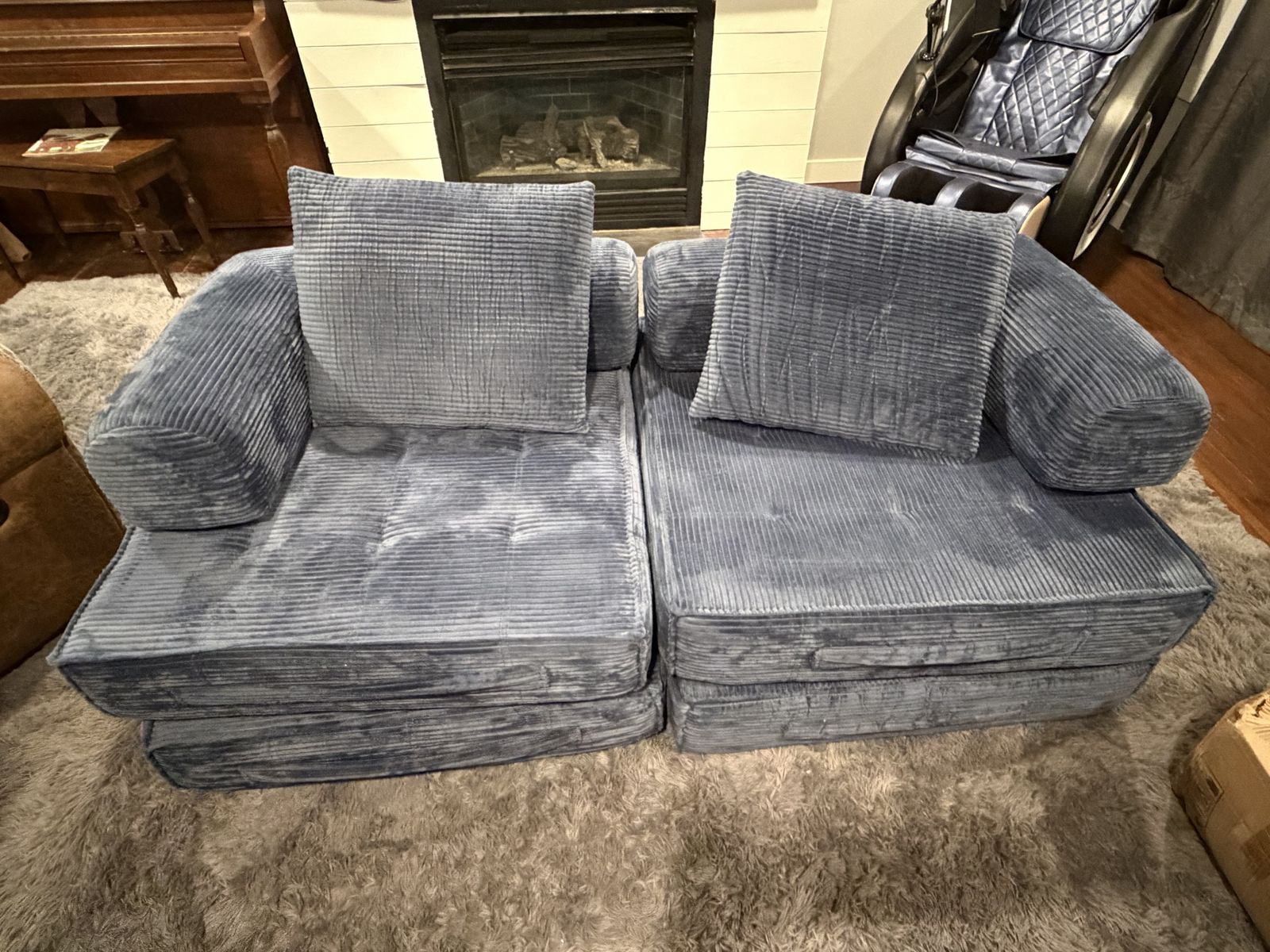 Blue Corduroy Modular Floor Sofa Set with Cushions