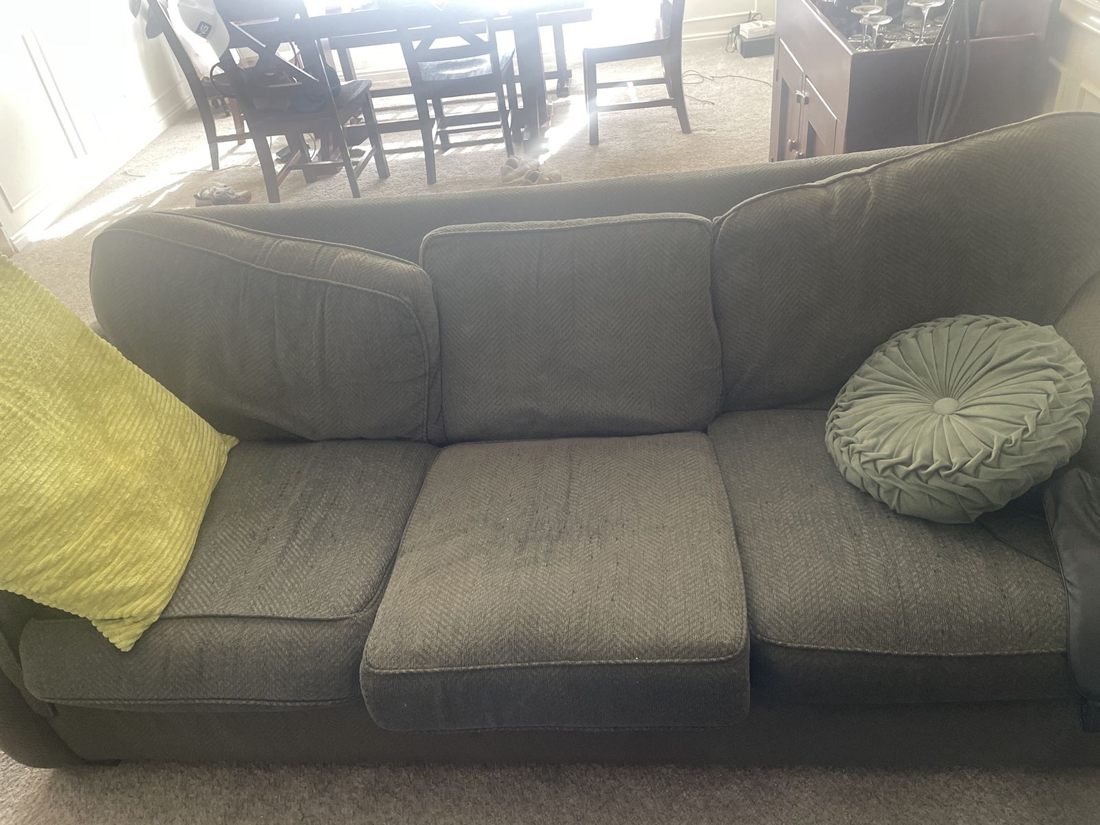 Used Greyish/Green Fabric Couch - 3 Seater Sofa with Herringbone Pattern, Cushions Included pillows not.