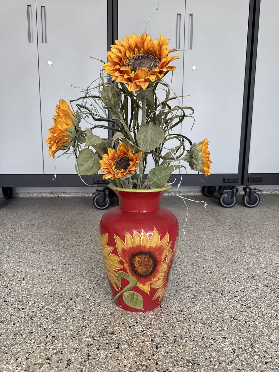 Red Vase with Hand-Painted Sunflowers & Artificial Sunflower Arrangement