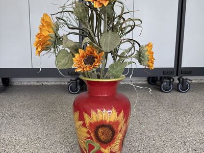 Red Vase with Hand-Painted Sunflowers & Artificial Sunflower Arrangement