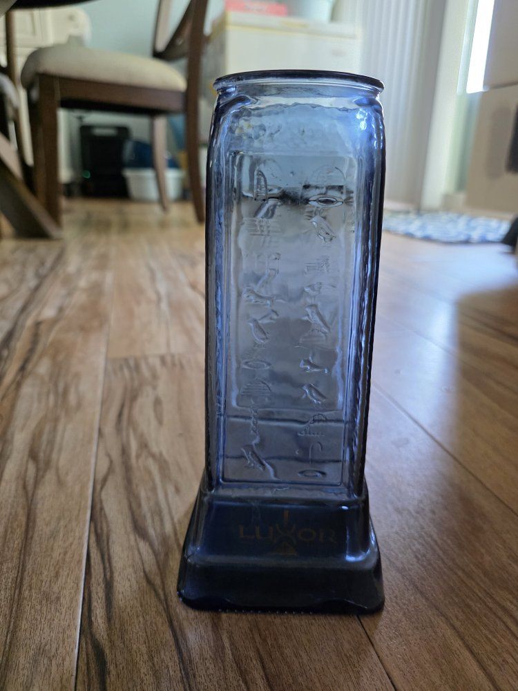 Vintage Luxor Las Vegas Hotel Casino Blue Glass Vase with Egyptian Hieroglyphs - 9.5"