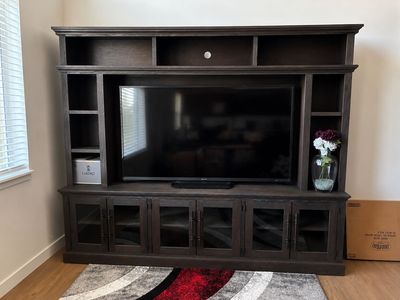 Large Wooden TV Stand & Entertainment Center - Dark Brown, Ample Storage