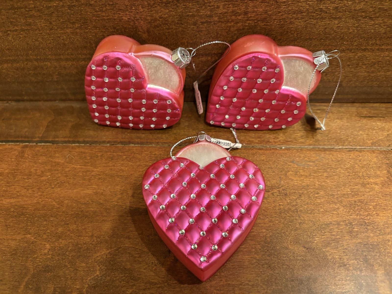 3 New Hot Pink Glass Quilted Heart Ornaments 