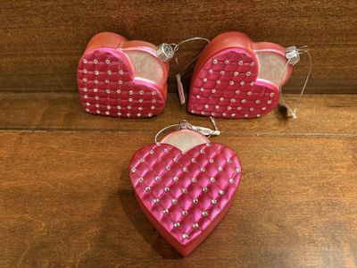 3 New Hot Pink Glass Quilted Heart Ornaments