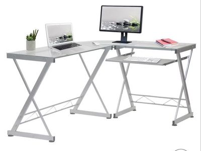 Modern L-Shaped Glass Top Corner Desk with Steel Frame & Keyboard Tray - White/Clear