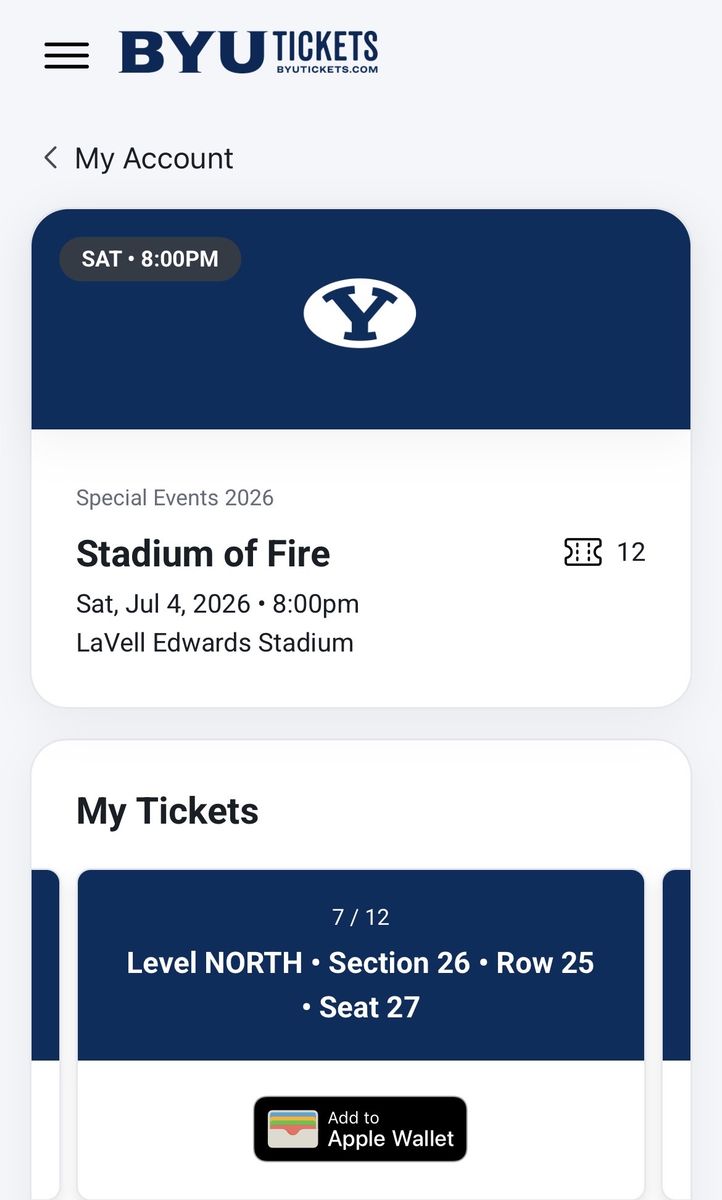 2x Stadium of Fire Tickets - $100 each. Sec 26, Row 25, Seats 27 & 28
