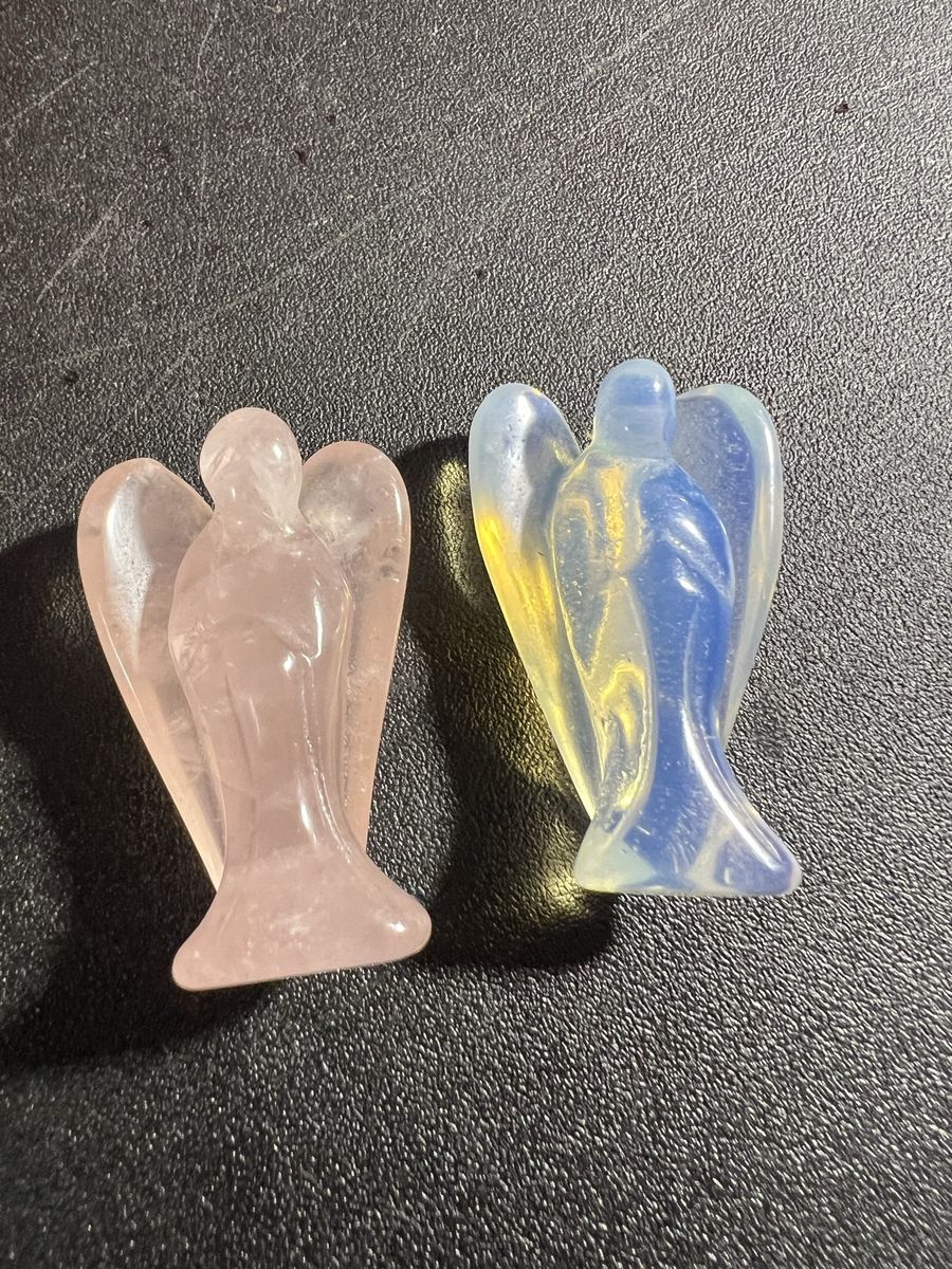 Pair of Crystal Angel Figurines - Pink Rose Quartz & Blue Opalite Decorative Statues