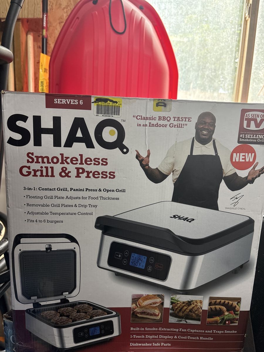 New SHAQ Smokeless Grill & Press - 3-in-1 Indoor Contact Grill, Panini Press, & Open Grill