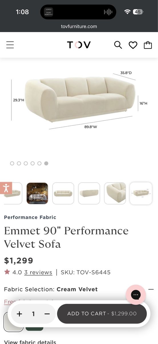 Two Emmet 90” Performance Velvet Sofas