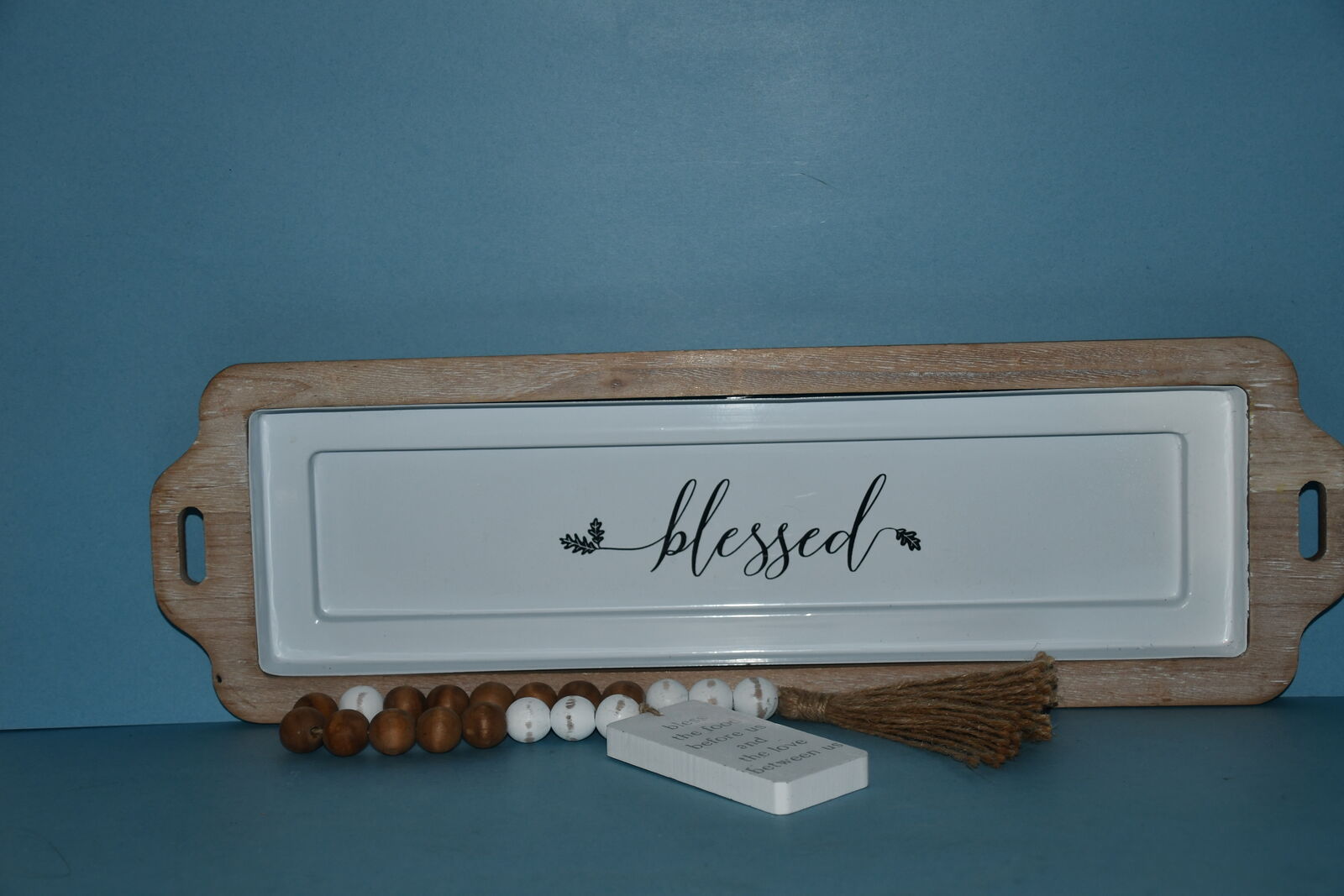 WOOD & METAL " BLESSED TRAY (20" x 6") + "BLESS THIS FOOD..." 23" WOOD BEAD GARLAND ~ VERY NICE!
