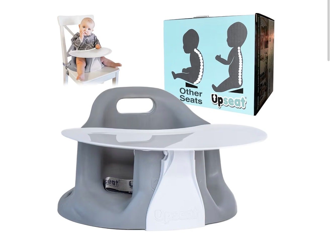 Upseat Baby Booster Seat with Tray - Gray, Supportive Infant Floor Seat for Healthy Posture