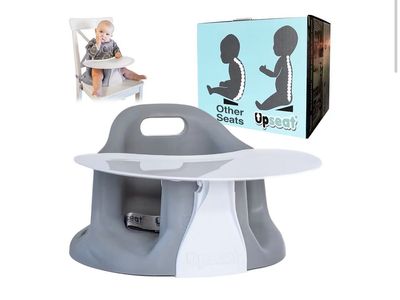 Upseat Baby Booster Seat with Tray - Gray, Supportive Infant Floor Seat for Healthy Posture