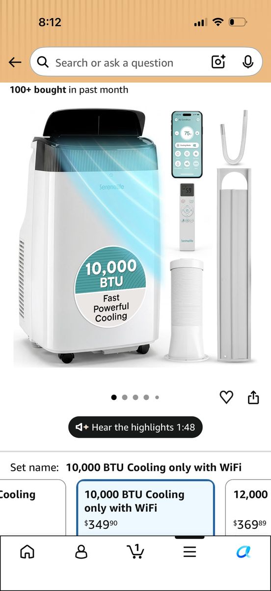 SereneLife 10,000 BTU Portable Air Conditioner with WiFi and Remote Control