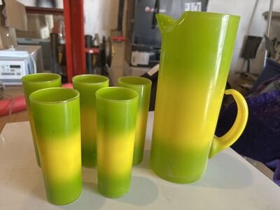 Vintage West Virginia Glass Pitcher And 5 Glasses