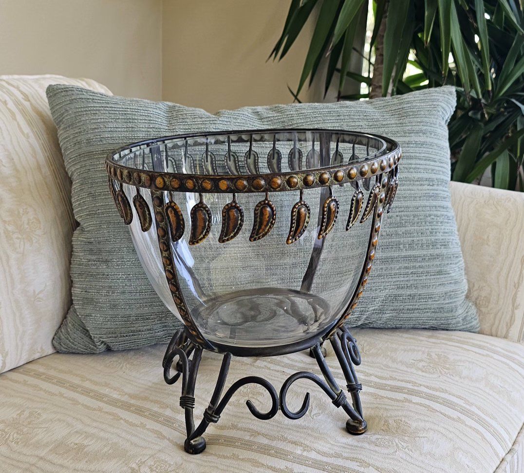 Decorative Glass Bowl with Wrought Iron Stand & Leaf Accents - Ornate Home Decor Centerpiece 11.5"Tx12"W