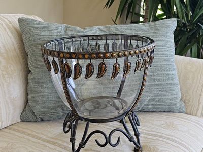 Decorative Glass Bowl with Wrought Iron Stand & Leaf Accents - Ornate Home Decor Centerpiece 11.5"Tx12"W