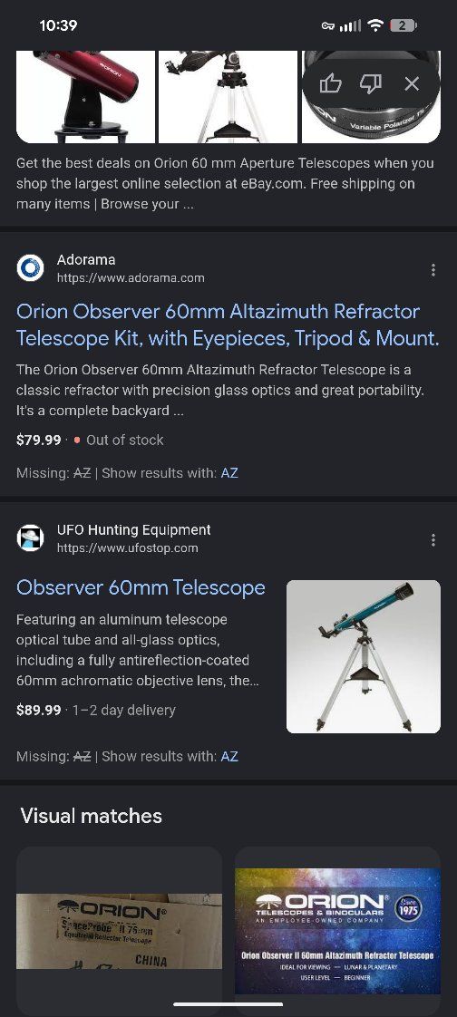 75 obo
Orion Observer 60 AZ 60mm Altazimuth Refractor Telescope Kit - 700mm Focal Length