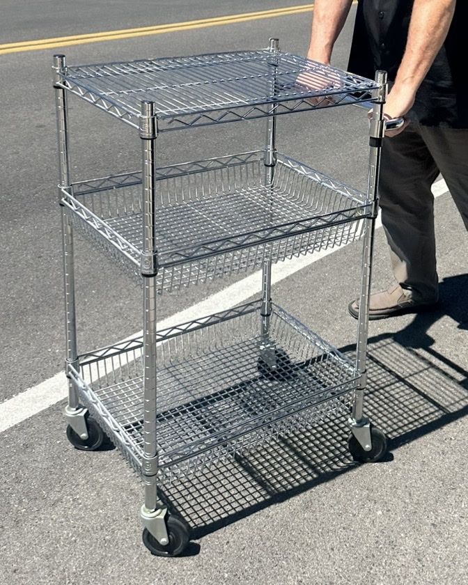 3-Tier Chrome Wire Rolling Utility Cart with Basket Shelves