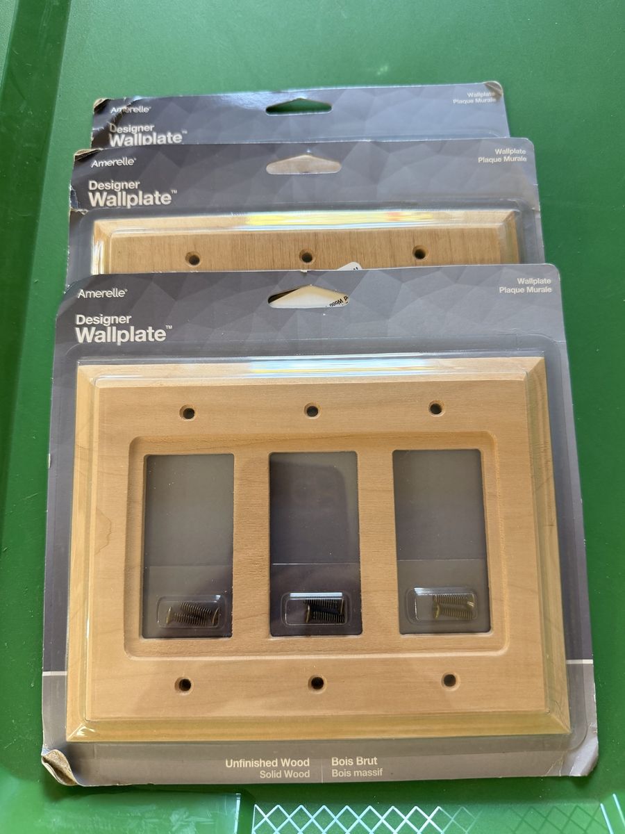 Amerelle Unfinished Solid Wood Designer Wallplates - 3-Gang, Lot of 3