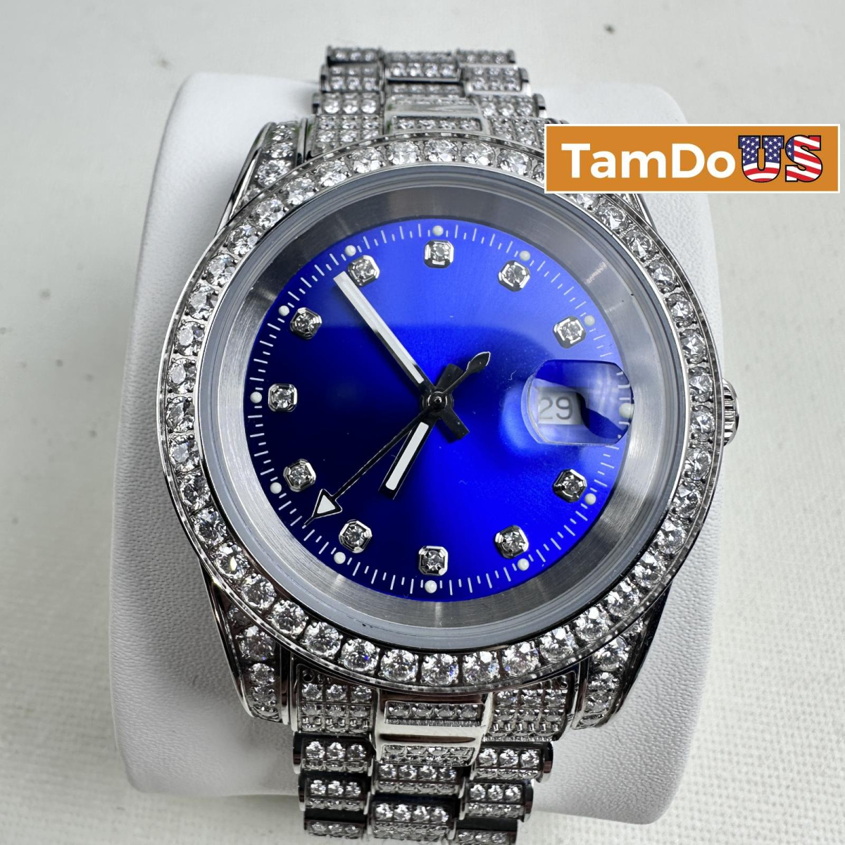 Moissanite $2882 Presidential Watch 41mm, Blue Dial, 13.3CT VVS, White Gold Auto