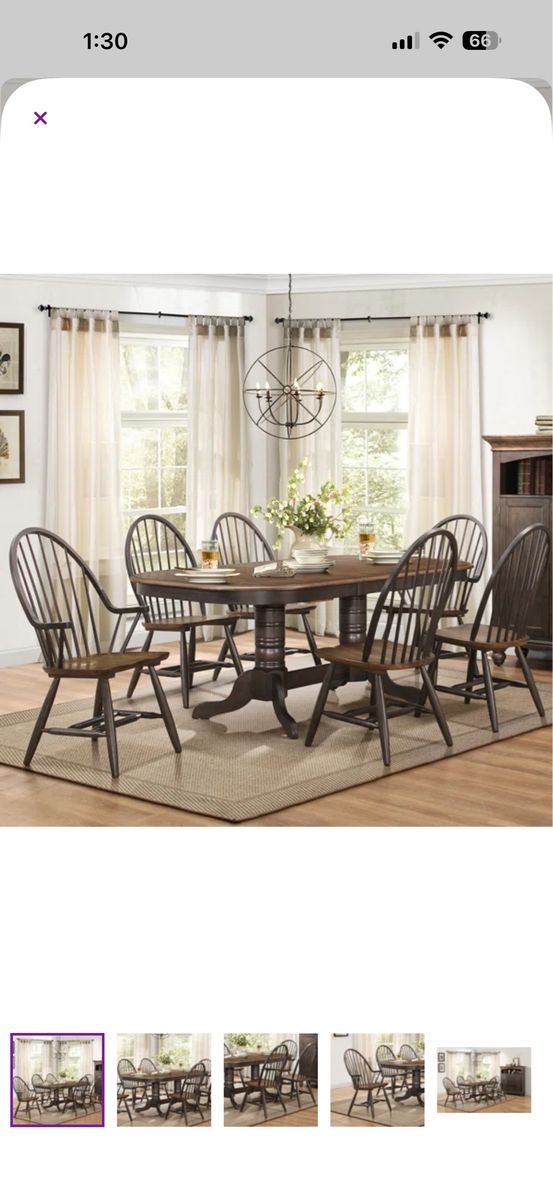 Extendable Solid Wood Dining Table Set with 6 Windsor Chairs
